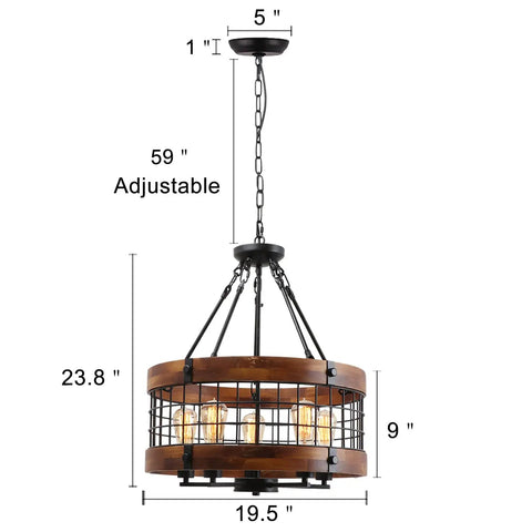 Farmhouse Chandelier For Dining Room And Kitchen Island, 5 Light Rustic Round Wood And Metal Lighting Fixture, dimensions shown