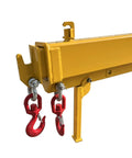 Professional Forklift Jib Boom Crane With 0 To 75 Degree Tilt And 2 Ton 4400 Lb Capacity showing yellow boom with red hooks.
