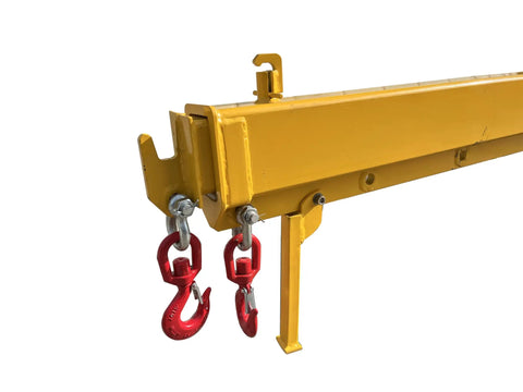 Professional Forklift Jib Boom Crane With 0 To 75 Degree Tilt And 2 Ton 4400 Lb Capacity showing yellow boom with red hooks.