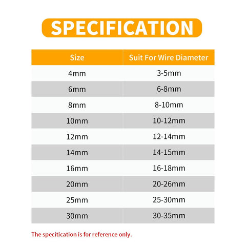 Specification chart for Braided Cable Sleeve 33Ft Expandable Wire Loom For Automotive Wiring Harness And PC Case with diameters listed