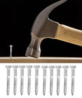 Hammer driving a Half Thread Hex Lag Screw into wood, with a row of screws below. Half Thread Hex Lag Screws Assortment Kit In A2 70 Stainless Steel DIN 571 M8 80mm For Woodworking Projects Self Tapping Wood Fasteners Set Built Tough And Rust Resistant displayed prominently.