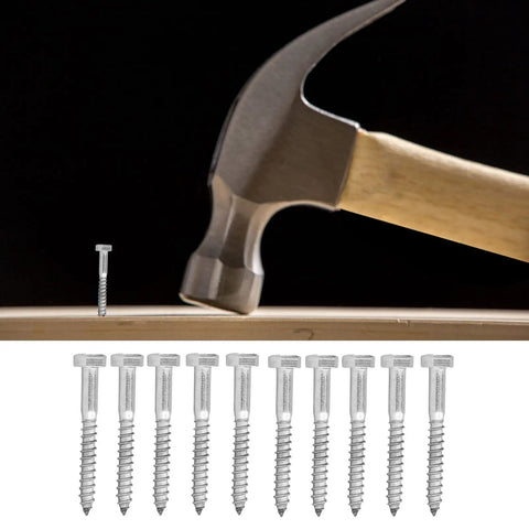 Hammer driving a Half Thread Hex Lag Screw into wood, with a row of screws below. Half Thread Hex Lag Screws Assortment Kit In A2 70 Stainless Steel DIN 571 M8 80mm For Woodworking Projects Self Tapping Wood Fasteners Set Built Tough And Rust Resistant displayed prominently.