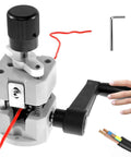 Hella Tough Manual Drill Powered Wire Stripper Machine For Copper Cable Recycling Portable Scrap Wire Peeler, close-up view with wire feed.