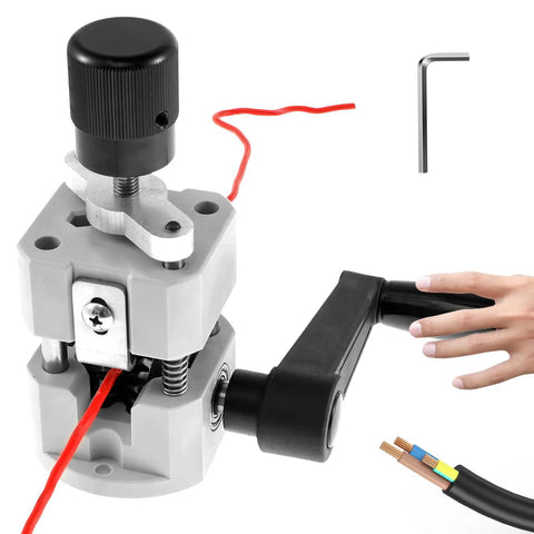 Hella Tough Manual Drill Powered Wire Stripper Machine For Copper Cable Recycling Portable Scrap Wire Peeler, close-up view with wire feed.