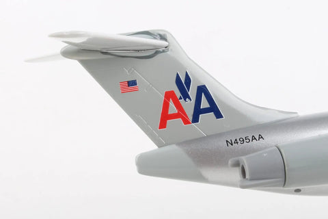 Close-up of tail with AA logo, American Airlines MD-80 Model Airplane Kit 1:150 Scale With Snap-Fit Assembly And Display Stand Old-School AA Livery Airliner Toy For Collectors And Kids Age 3 Plus.