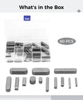 All-In-One 60 Piece Carbon Steel Machine Key Set With Storage Box, Woodruff Keys, Square Key Stock, Parallel Keys visible