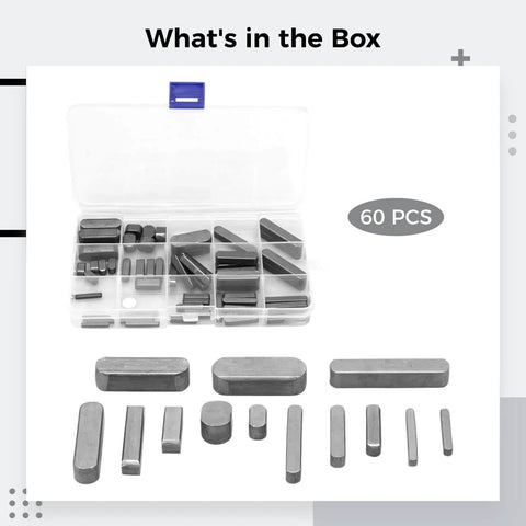 All-In-One 60 Piece Carbon Steel Machine Key Set With Storage Box, Woodruff Keys, Square Key Stock, Parallel Keys visible