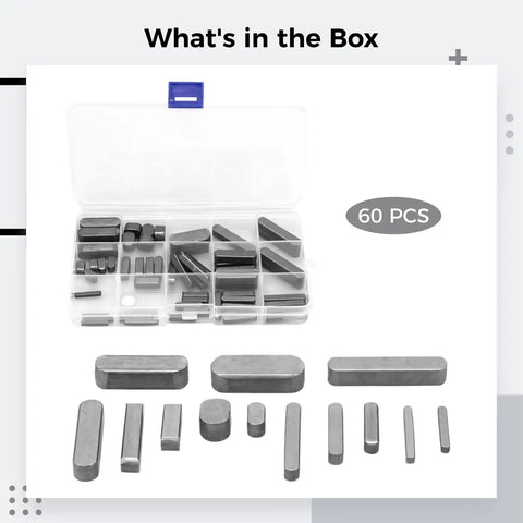 60 Piece Square Key Stock Set With Storage Case For Industrial Equipment Carbon Steel Machine Keys Kit Includes Shaft Keyway And Woodruff Keys Precision Fit For Heavy Duty Maintenance And Quick Repairs, showing open case and assorted keys