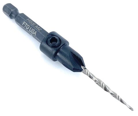 Pro Shop Ready Number 4 Adjustable Tapered Wood Countersink Drill Bit Forged From Rock Hard HSS M2 High Speed Steel With Locked Pin Shank For Killer Precision And Dead Smooth Cuts Daily, showing a close-up of the drill bit and shank.