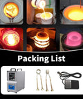 Images of molten metals and 15KW Water-Cooled Induction Heater Furnace components showcasing high-frequency power for metalwork.