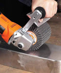 CoolCut Linear Finishing Flap Abrasive Drum 40 Grit 4 And A Quarter Inch in use on metal surface by worker.