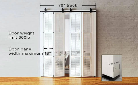 Heavy Duty Four Door Bifold Barn Door Hardware Kit With Black Track And Top Mounted Rollers For Smooth Bifold Sliding Doors Includes Rail Sections Rollers Hinges Floor Guides And Mounting Screws Door Not Included shown with 76in track