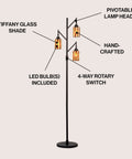 71 Inch Bronze Tiffany Style Floor Lamp With 3 LED Bulbs, Multicolor Stained Glass, Mission Iron Standing Lamp For Living Room, UL Listed, Easy Setup And Warm Ambient Lighting with details on pivotable lamp heads and 4-way rotary switch.
