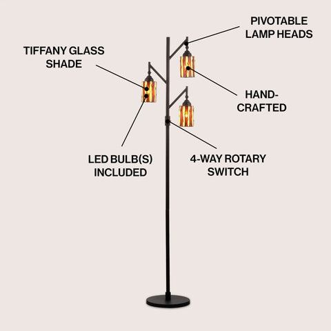 71 Inch Bronze Tiffany Style Floor Lamp With 3 LED Bulbs, Multicolor Stained Glass, Mission Iron Standing Lamp For Living Room, UL Listed, Easy Setup And Warm Ambient Lighting with details on pivotable lamp heads and 4-way rotary switch.