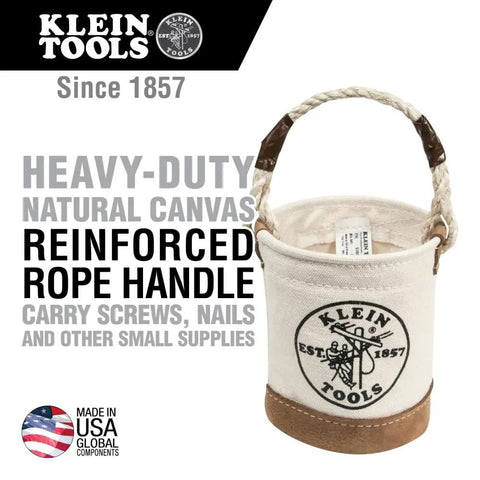 Compact Mini Tool Bucket With Leather Bottom And Reinforced Rope Handle For Small Jobs, heavy-duty canvas, logo.
