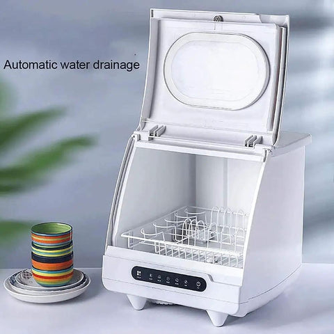 Slick Countertop Dishwasher With Stainless Steel Tub And Six Place Settings Rack Portable Kitchen Fix featuring automatic water drainage and open door.
