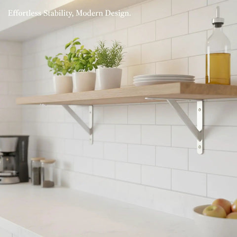 Stainless Steel Triangle Shelf Bracket Fits Standard Wood Boards for Kitchen and Bathroom Wall Storage with plants and dishes.