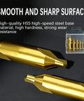 Built Tough Six Piece Center Drill Bit Set With Heavy Duty Auto Center Punch Boasting TiAln Coated Cobalt M2 Steel For Sharp Angle Punching And Gritty Metalshop Grind Work Any Day, showing two gold-coated precision bits.