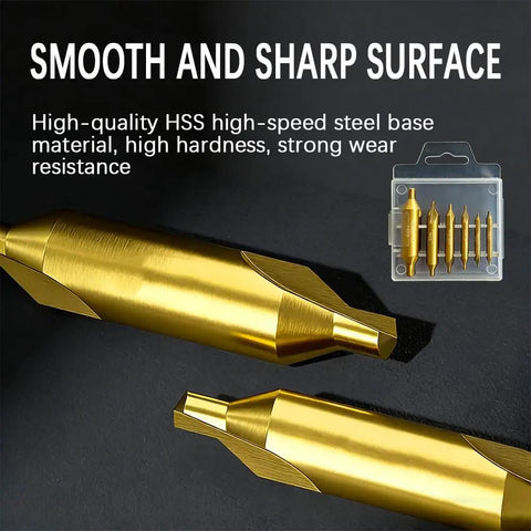Built Tough Six Piece Center Drill Bit Set With Heavy Duty Auto Center Punch Boasting TiAln Coated Cobalt M2 Steel For Sharp Angle Punching And Gritty Metalshop Grind Work Any Day, showing two gold-coated precision bits.