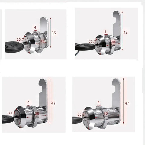 Beefy 30mm Cabinet Lock With Two Keys Metal Cylinder Cam Locker showing dimensions for filing cabinets and drawers security.