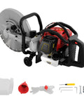 Professional Grade 52CC Two Stroke Gas Concrete Cutting Saw Featuring A Rugged Workhorse Design With 13 Inch Diamond Blade And Sturdy Rubber Wheels For Quick Slab Jobs, showing motor and blade.