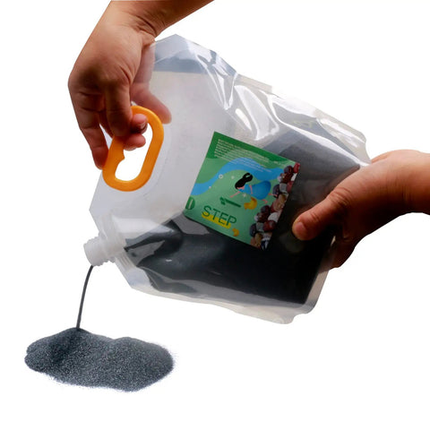 Coarse Silicon Carbide Grit 60 90 For Rock Tumblers Step 1 Polishing Media 5 lb pack being poured from a spout