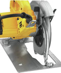Super Light 15 Amp Corded 7-1/4 Inch Circular Saw With Sweet 53 Degree Bevel Stops close-up view of blade and base.
