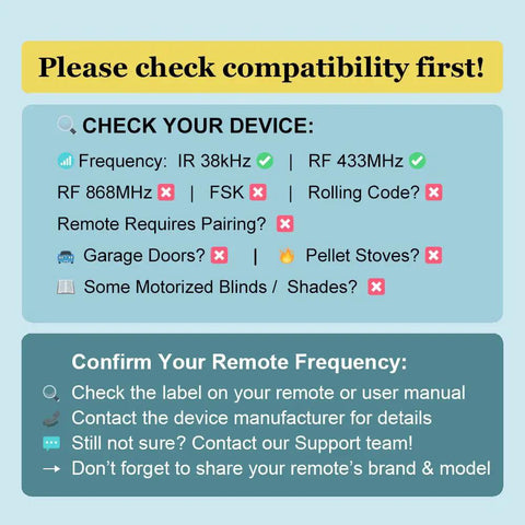Compatibility checklist for IR and RF Universal Remote Hub with WiFi Code Learning, highlighting supported frequencies and devices.