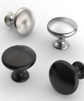 Four knobs in various finishes, including 25 Pack Cabinet Knobs And Drawer Pulls Set Brushed Satin Nickel 1.18 Inch Round Zinc Alloy Hardware.
