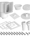 Universal Above Ground Pool Skimmer Kit with accessories for standard 6 inch wall openings, includes screws and fittings.