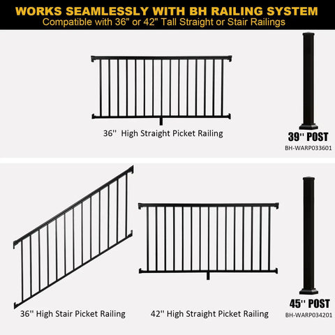 Heavy Duty Three By Three Inch Aluminum Railing Post Built For Porches And Decks Holds Up To 800 Lbs Textured Black Powder Coat AAMA2604 IBC Compliant 39 Inch Height shown with black stair railing