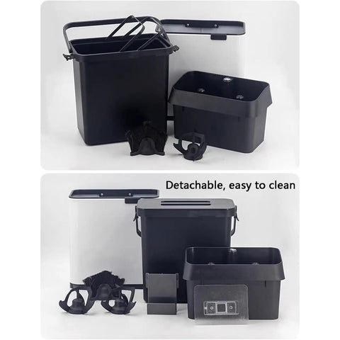 Kick Up Your Daily Brew Routine With This Badass 150 Watt Electric Portafilter Cleaner And Espresso Knock Box Combo showing the detachable components and containers for cleaning.