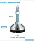 4 Pack Adjustable Leveling Feet With M12 Threads, 2.36 Inch Rubber Base, Heavy Duty Carbon Steel Legs, dimensions displayed