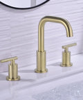 Brushed Gold 8 Inch Widespread Bathroom Faucet With Two Handles Three Hole Mount 360 Degree Swivel Spout Solid Brass Construction
