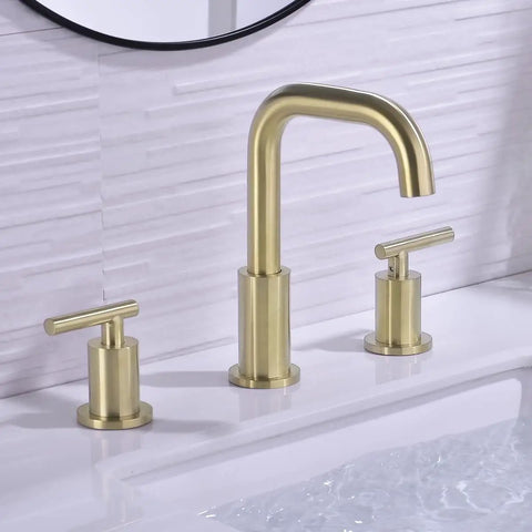 Brushed Gold 8 Inch Widespread Bathroom Faucet With Two Handles Three Hole Mount 360 Degree Swivel Spout Solid Brass Construction