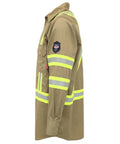 Side view of Hi Vis Flame Resistant Work Shirt For Men 7.5oz Khaki Cotton Twill FR With Reflective Tape ANSI ISEA 107 Type O Class 1