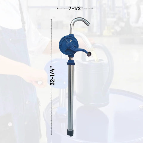 Heavy Duty Cast Iron Rotary Drum Pump That Hauls Diesel Motor Oil And Kerosene Straight Out Of Full Size Fifty Five Gallon Barrels With Zero Electric Plug Required For Farm Or Shop Use, 32-1/4" height.