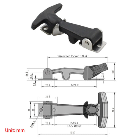 PDETVEO 4.6-inch rubber flexible T-handle draw latch with mounting brackets; black, 2-pack; front view.