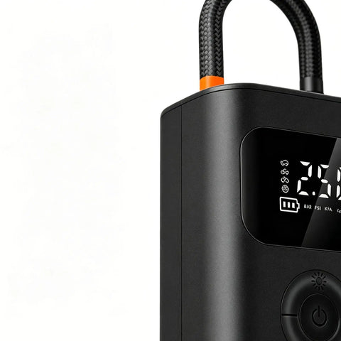 Slick Wireless Rechargeable Car Air Compressor Fast Tire Inflator With Easy Digital Display Auto Shutoff, top view showing digital pressure display.