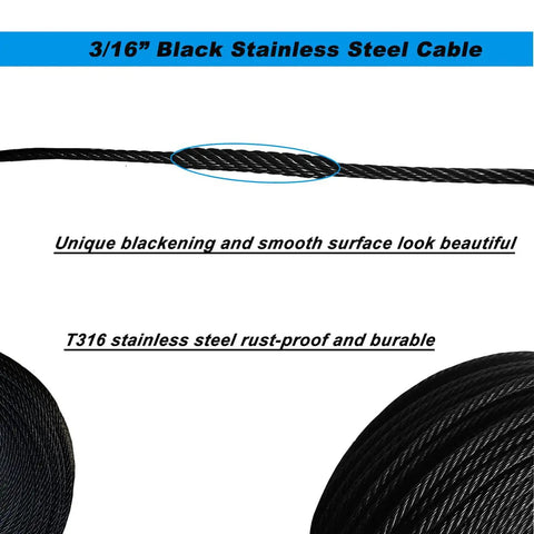 Blackened Three Sixteenth Inch Wire Rope Cable T316 Stainless Steel 7x7 Strand 200 Feet For Deck Railing Hardware Kit Aircraft Cable Heavy Duty Corrosion Resistant Flexible Durable detail view