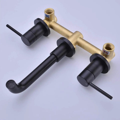 Brass Matte Black Dual Handle Wall Mounted Bathroom Faucet With Rough In Valve No Frills Install, 360 Degree Rotating Spout