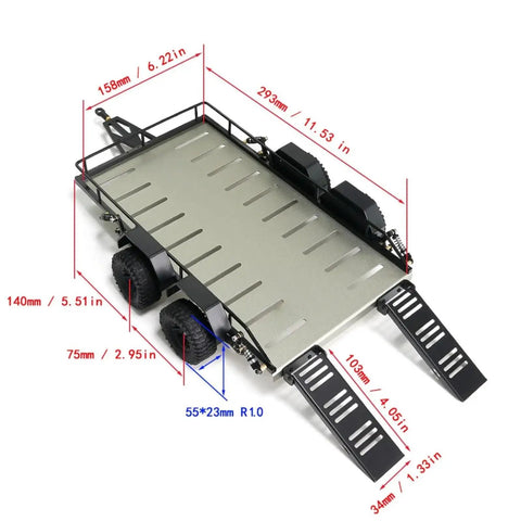 Hella Tough Metal Trailer Cargo Carrier For Traxxas TRX4M 1 18 Scale RC Crawler Upgrade Parts Heavy Duty Hitch Mount Rack Accessory Kit Red dimensions with measurements displayed.