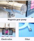 Magnetic gear pump with stainless steel construction, check valve for liquid flow, and filter component for Heavy Duty Stainless Steel Semi Automatic Bottle Filler With Easy Digital Controls And No Sweat Anti Drip Nozzle For Beverages Spirits Oil Plug And Play Commercial Rig.