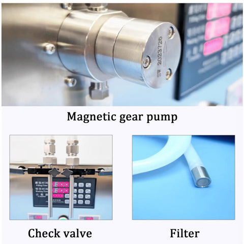 Magnetic gear pump with stainless steel construction, check valve for liquid flow, and filter component for Heavy Duty Stainless Steel Semi Automatic Bottle Filler With Easy Digital Controls And No Sweat Anti Drip Nozzle For Beverages Spirits Oil Plug And Play Commercial Rig.