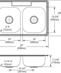 Diagram of Dayton 33 In. X 22 In. X 7-1/16 In. Equal Double Bowl Drop-In Kitchen Sink Stainless Steel dimensions and measurements.