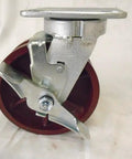 Heavy Duty Kingpinless Swivel Caster With Reliable Parking Brake And 7/8 Inch V Groove Ductile Steel Wheel side view with brake.