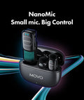 NanoMic Wireless Lavalier Microphone System for Cameras - Clip-On TRS Wireless Mic Pack with charging case on black background