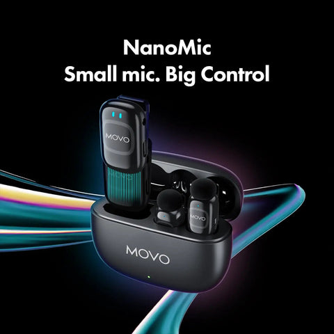 NanoMic Wireless Lavalier Microphone System for Cameras - Clip-On TRS Wireless Mic Pack with charging case on black background
