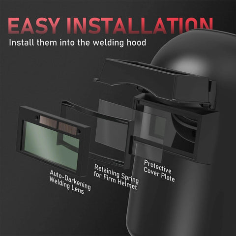 Auto Darkening 2x4 Welding Lens Shade 8-13 With True Color Blue Tech Filter Replacement shown being installed in helmet