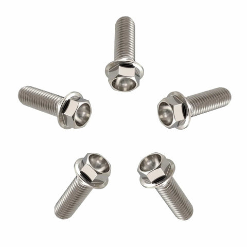 Pack of 5 Beast Titanium Flanged Hex Head Bolt M6 x 1.0 x 12mm, 6AL4V Aerospace Grade Ti Fasteners arranged in a circle